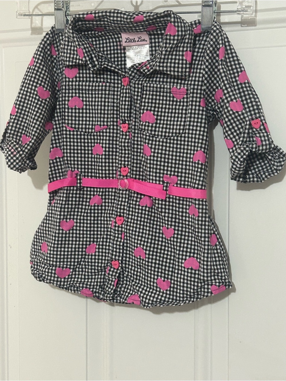 Little Lass Black & Pink Gingham Button-Down Shirt with Heart Print and Belt
